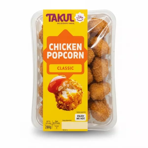 Packaged Takul Chicken Popcorn Classic in clear plastic and yellow label