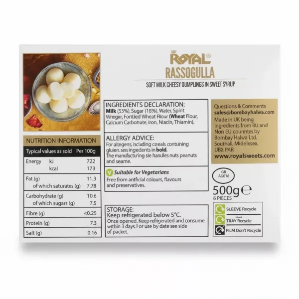 Nutritional and ingredient information of Royal Rassogulla package
