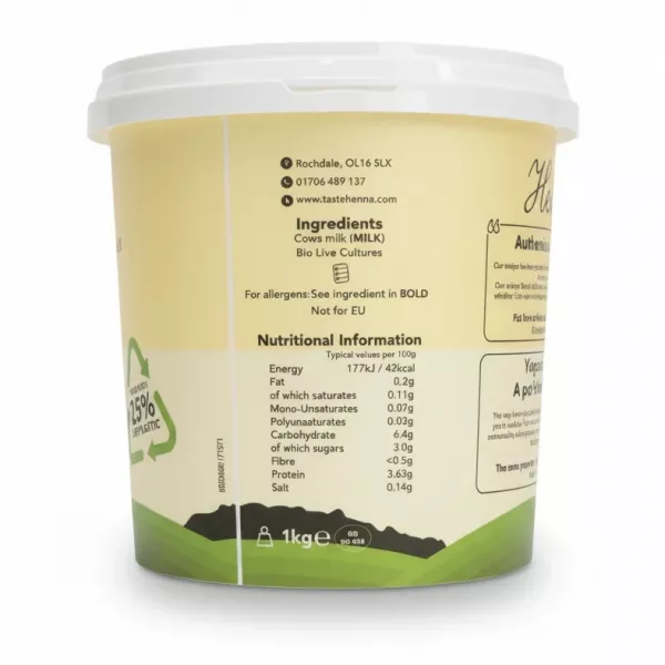 Henna yogurt ingredients and nutritional information on side label