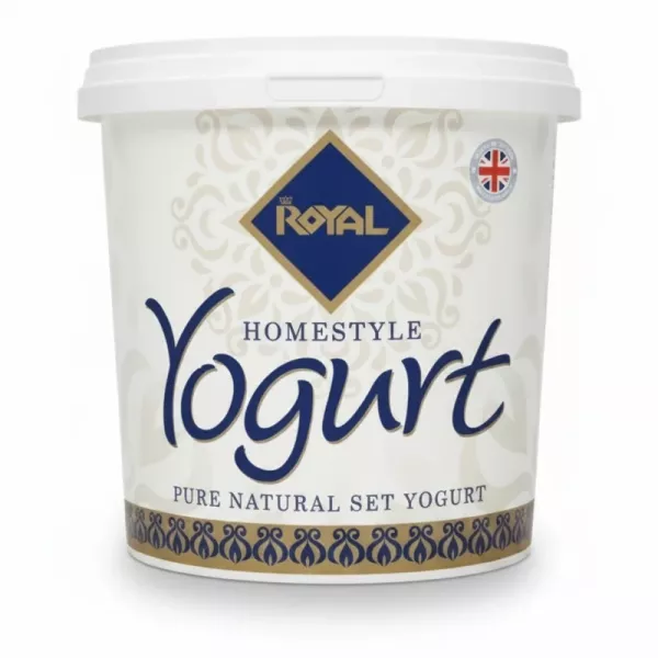 Royal Homestyle Natural Set Yogurt 1kg tub front label featuring branding and Union Jack symbol