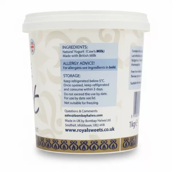 Ingredients and storage information on Royal Homestyle Natural Set Yogurt 1kg tub