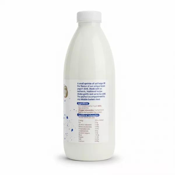 Back label showing nutritional information and ingredients of Pakeeza Ayran Lassi bottle