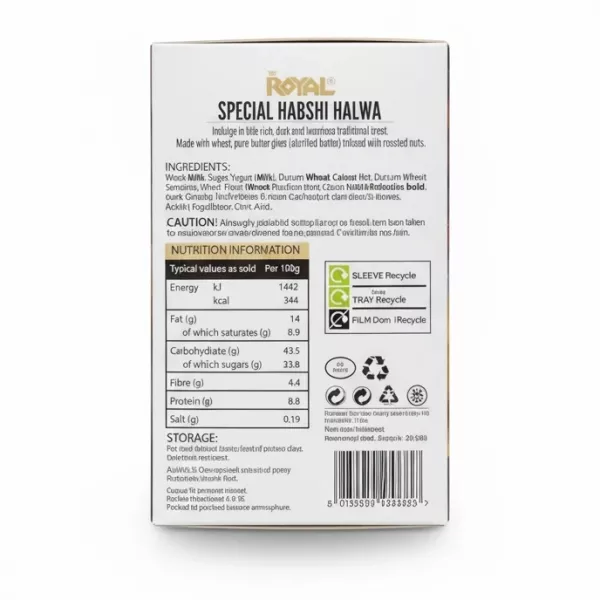 Back of Royal Special Habshi Halwa box with ingredients and nutrition