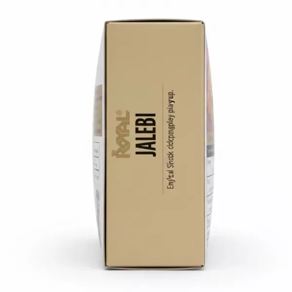 Back of the Royal Jalebi box showing ingredients, nutritional info, and storage advice