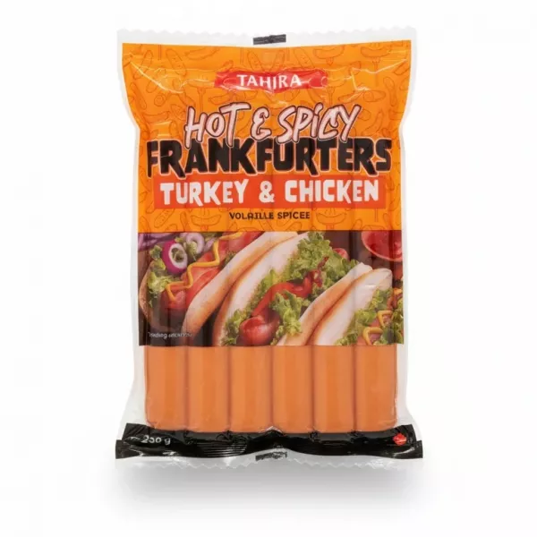 Package of Tahira Hot & Spicy Turkey & Chicken Frankfurters front view