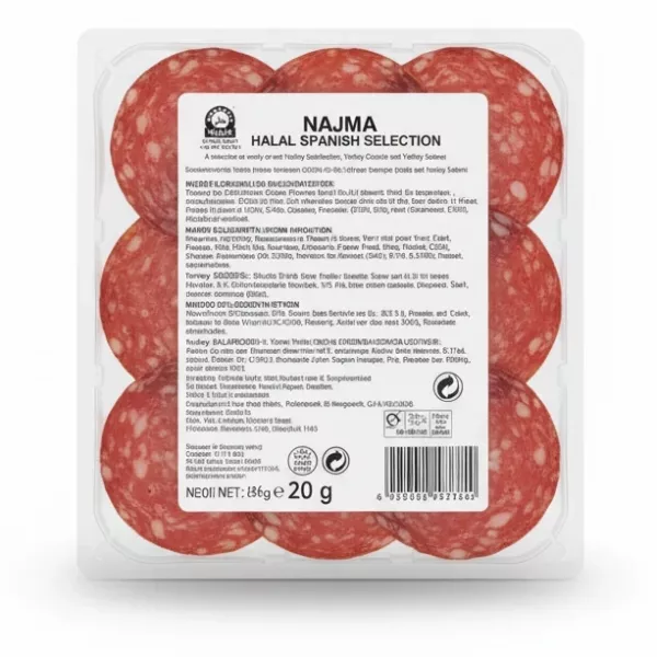 Back view of Najma Halal Spanish Selection with ingredients and nutrition label