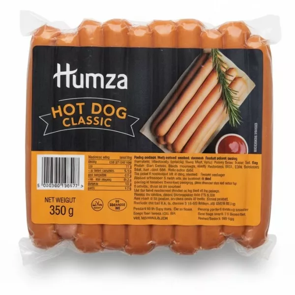 Pack of Humza Classic Hot Dog Sausages front packaging