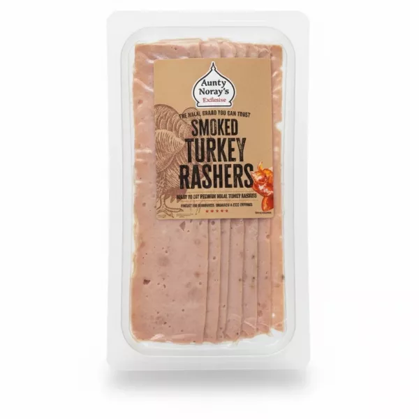 Packaged slices of Aunty Noray's smoked turkey rashers in transparent plastic
