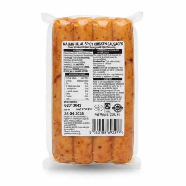 Back label of Najma spicy chicken sausages showing ingredients and nutritional info