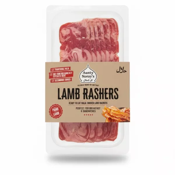 Pack of Aunty Noray's Halal Smoked Lamb Rashers, slices visible