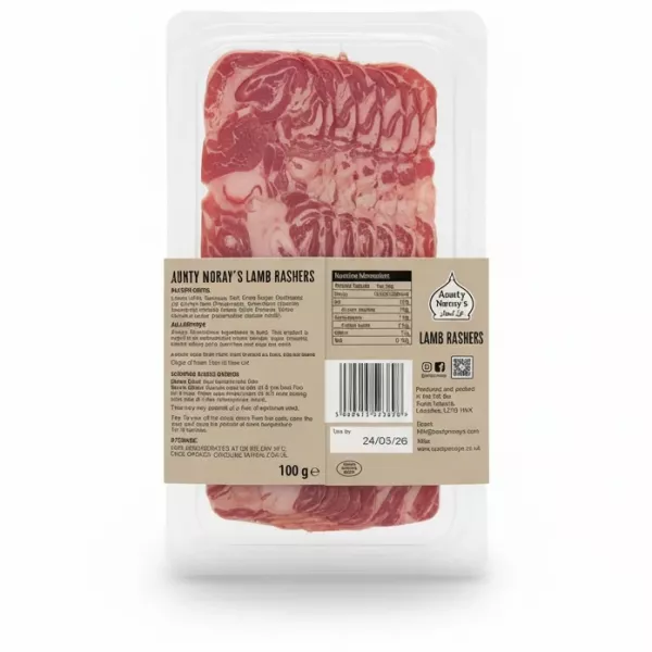 Back of package showing nutritional info and barcode of Aunty Noray's Lamb Rashers