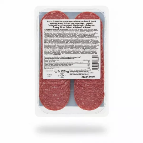 Back of Tahira turkey pizza topping pack showing ingredients and nutritional information