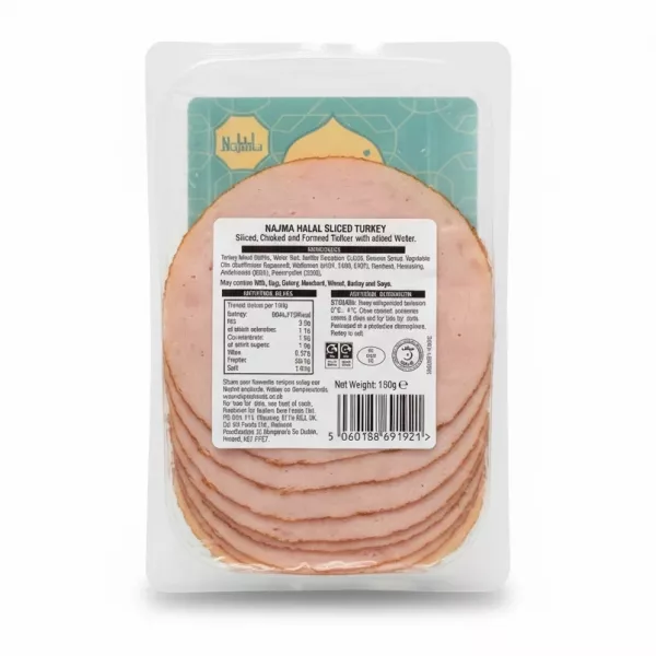 Najma Halal Turkey Slices back packaging with ingredients and nutritional info