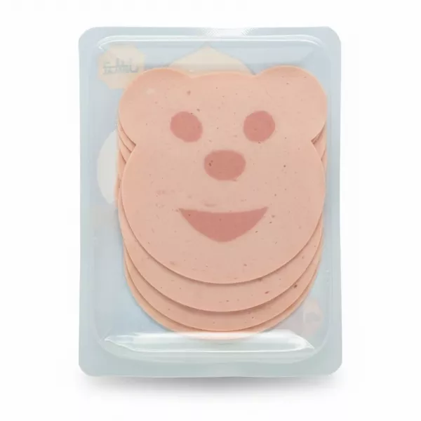 Bear-shaped turkey slices in transparent plastic tray package with nutritional label