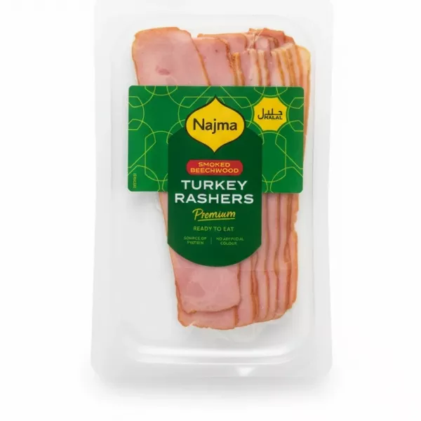 Packaged Najma smoked beechwood turkey rashers front view