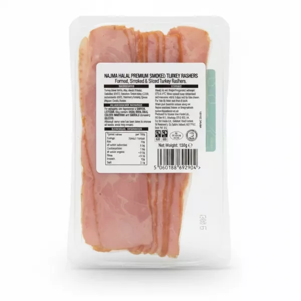 Back view of Najma smoked turkey rashers showing ingredients and nutritional information