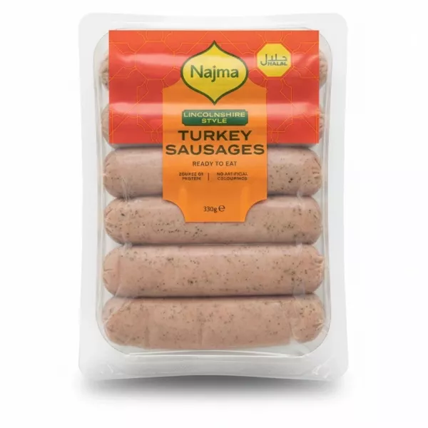 Pack of five Najma Lincolnshire Style Turkey Sausages in clear plastic packaging with orange and red label