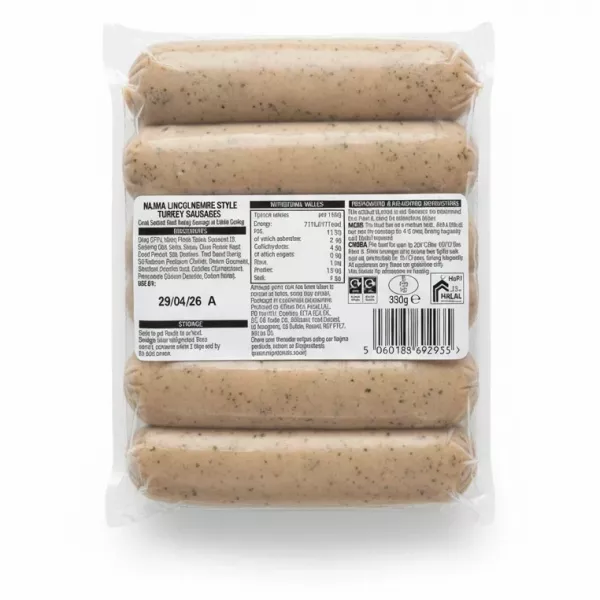 Back view of Najma Lincolnshire Style Turkey Sausages showing ingredients and nutritional facts on label