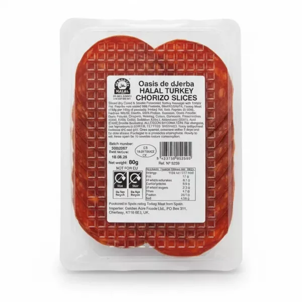 Oasis Turkey Halal Chorizo Slices back packaging with ingredients and nutritional information