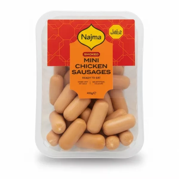 Najma Smoked Mini Chicken Sausages packaged in clear tray