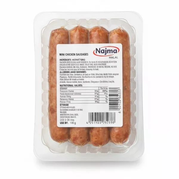 Back label of Najma Mini Chicken Sausages showing ingredients and nutritional info