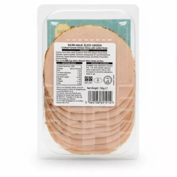 Back packaging of Najma Halal Chicken Slices showing nutritional and ingredient information