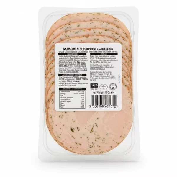 Back view of Najma Halal Chicken Slices with Herbs showing ingredients and nutritional information label
