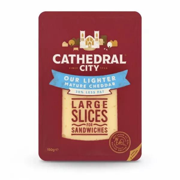 Cathedral City lighter mature cheddar cheese large slices pack front