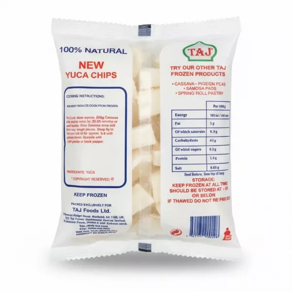 Back side of TAJ Mogo Chips package displaying ingredient and nutritional information