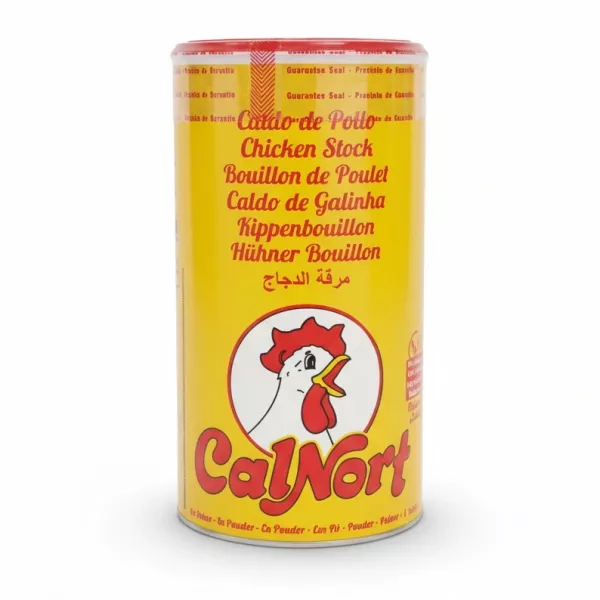 CalNort yellow container of chicken stock powder with red lid and chicken logo