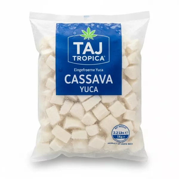 Frozen cassava yuca pieces in sealed plastic packaging with Taj Tropica branding