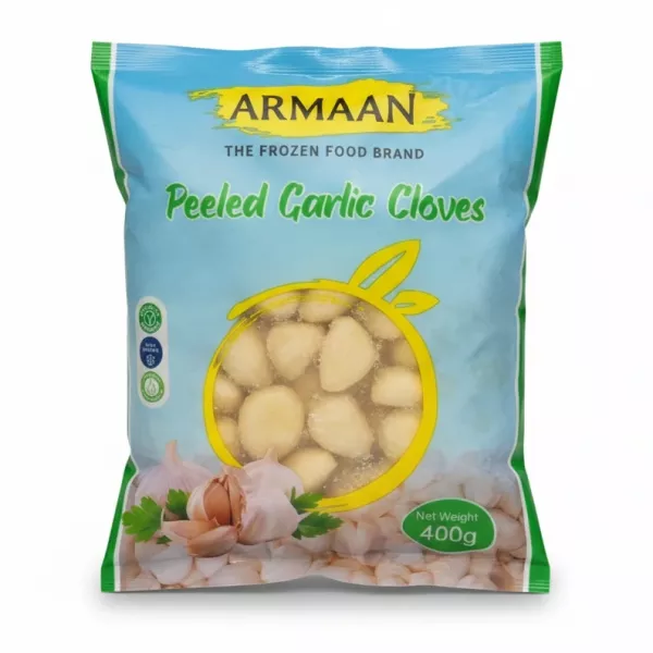 Pack of Armaan frozen peeled garlic cloves in blue and green resealable bag
