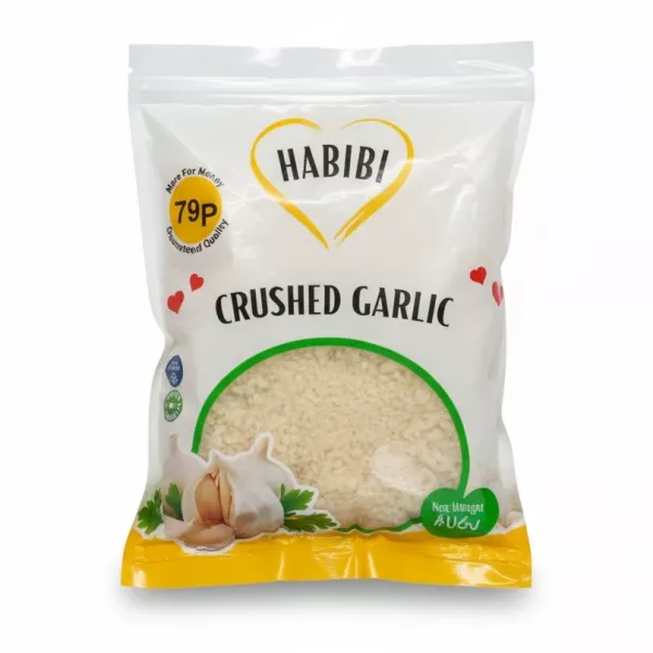 Pack of Habibi Crushed Garlic shows white and yellow packaging with garlic illustration
