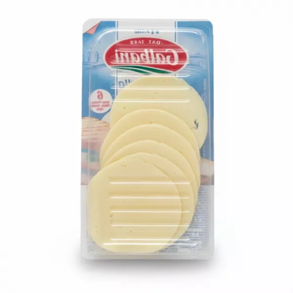 Close-up of Galbani Mozzarella Panini sliced cheese in clear pack