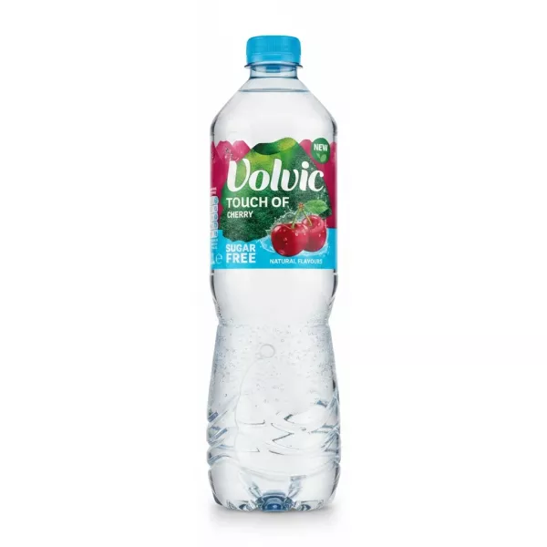 Volvic Touch of Cherry sugar-free sparkling water bottle front view