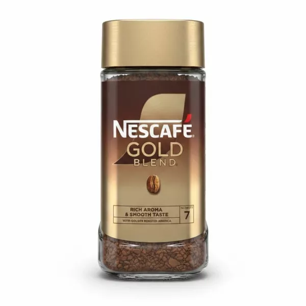 Glass jar of Nescafé Gold Blend instant coffee with gold and brown label
