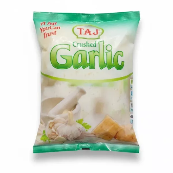Front view of Taj brand 400g frozen crushed garlic pack showcasing the product and branding