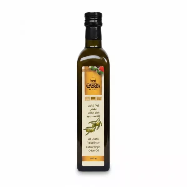 Bottle of Al Quds Palestinian Extra Virgin Olive Oil 500ml front label