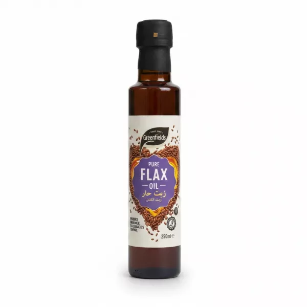Bottle of Greenfields Pure Flax Oil with labelled front showing flax seeds illustration