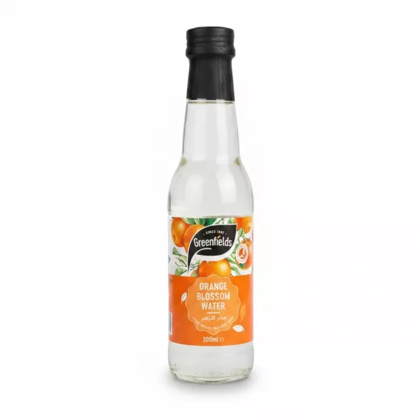 Greenfields Orange Blossom Water bottle with orange blossom and leaves on label