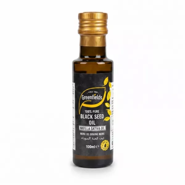 Greenfields black seed oil 100ml bottle with gold cap