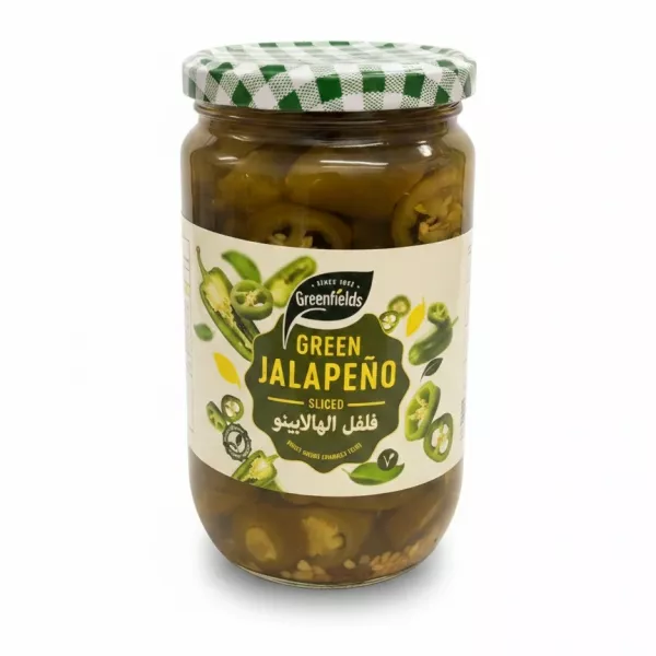 Jar of Greenfields sliced green jalapeños with green checkered lid