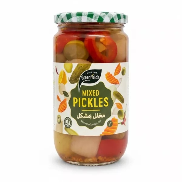 Jar of Greenfields Mixed Pickles with colourful pickled vegetables