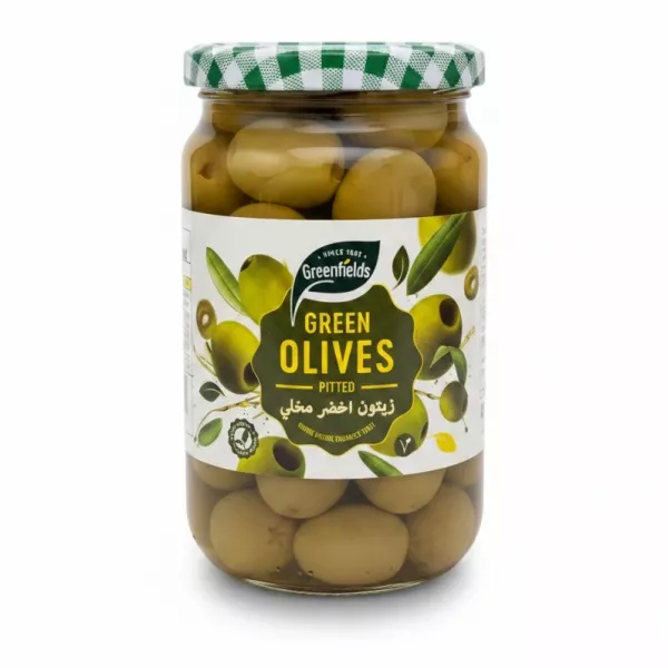 Jar of pitted green olives with checkered lid
