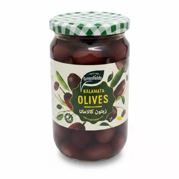Jar of Greenfields Kalamata Olives with green and white checkered lid