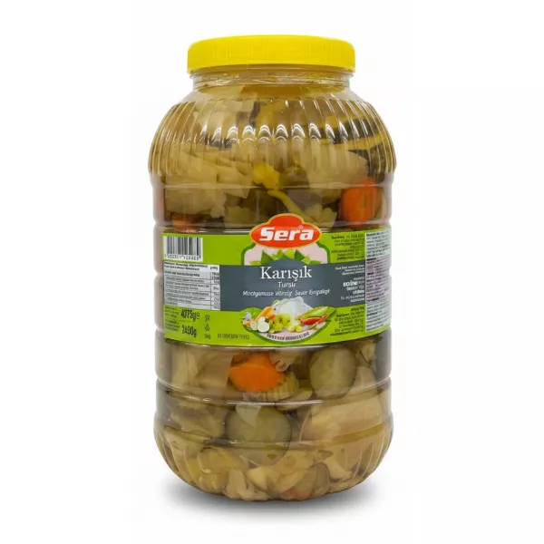 Jar of Sera brand mixed pickled vegetables with yellow cap