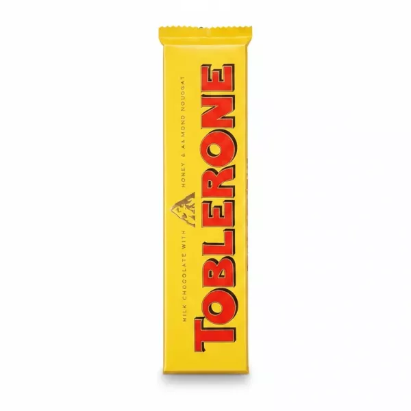 Toblerone milk chocolate bar with honey and almond nougat packaging front view