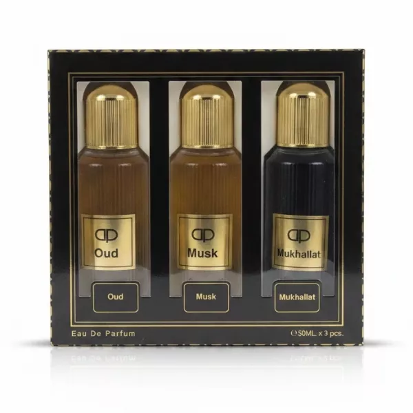 Designer perfume set with three bottles of oud, musk and mukhalat scents