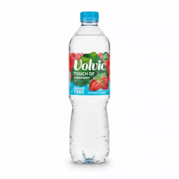 Bottle of Volvic Touch of Strawberry flavoured mineral water front view