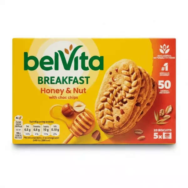 box of belVita Breakfast Honey & Nut biscuits front view